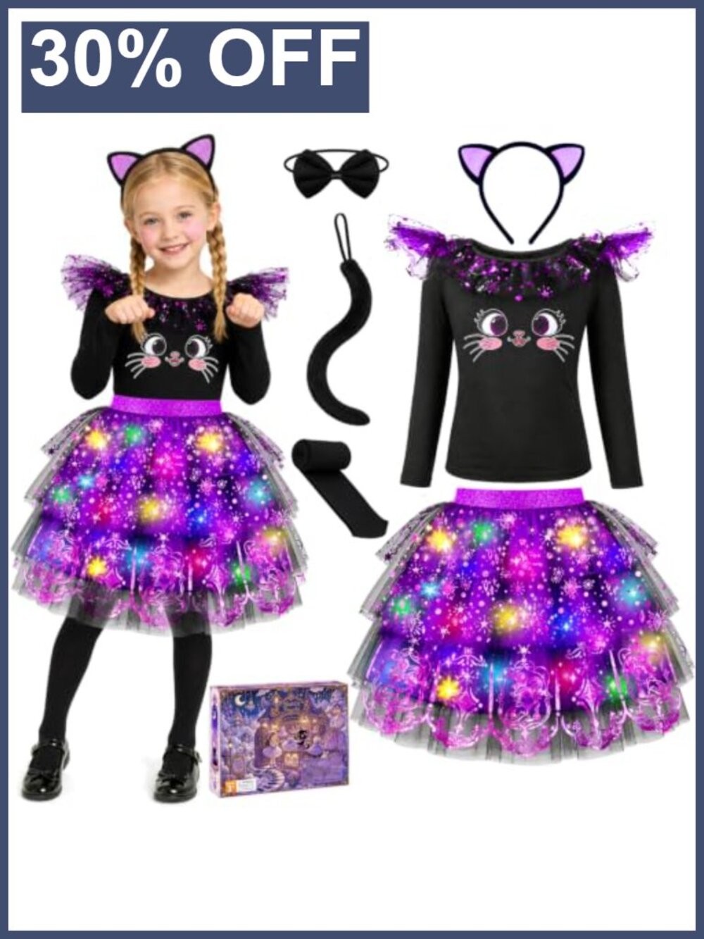 Girls LED Light Up Cat Costume Set with Tulle Skirt, Tail, Ears, Tights